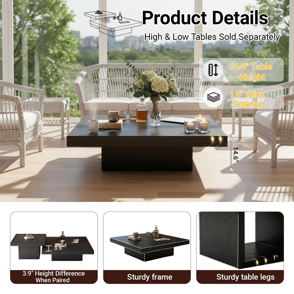 Coffee Table Modern Rustic Square Center Table with Wooden Legs, 1.6" Thick Tabletop, Low Profile Accent End Side