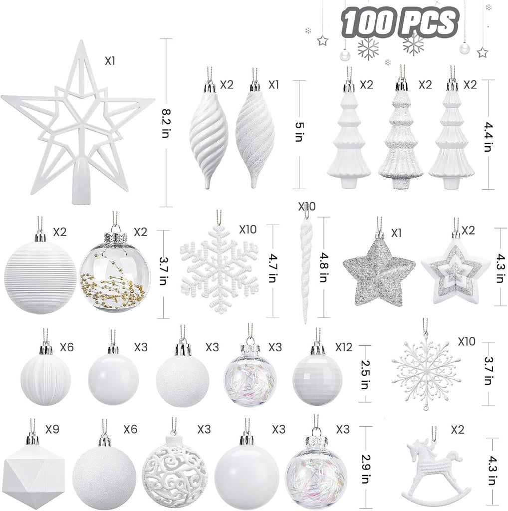 Christmas Tree Decorations Ornaments Set, Shatterproof Plastic Baubles Decorative Balls Decor Holiday Wedding - Set of 100