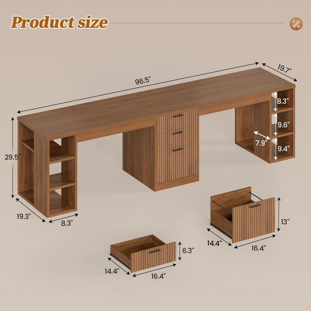Fluted 96.5" 2 Person Computer Desk with Storage Drawers