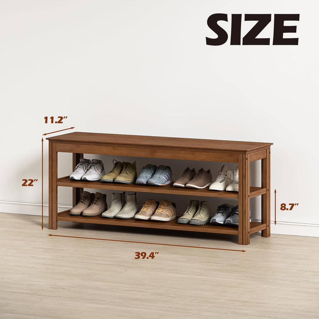 Shoe Bench 3 Tier Bamboo Entryway Storage Benches Rustic Solid Wood Shoe Rack (R-Brown, 39.4"), 3T100