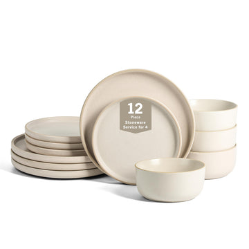 Amber 12-Piece Dinnerware Set Stoneware, Dishwasher and Microwave Safe Plates and Bowls Set, Dish Set for 4, White
