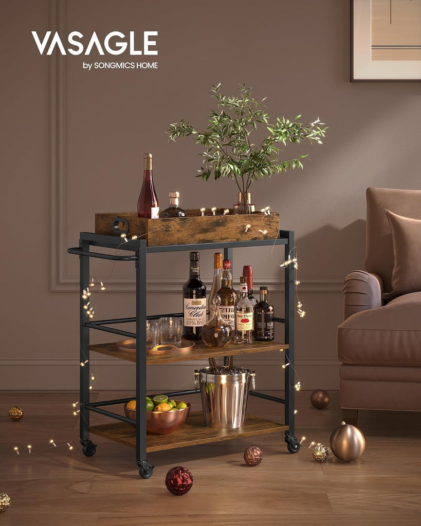 Kitchen Serving Cart with Removable Tray, 3-Tier Kitchen Utility Cart on Wheels with Storage, with Brakes, Leveling