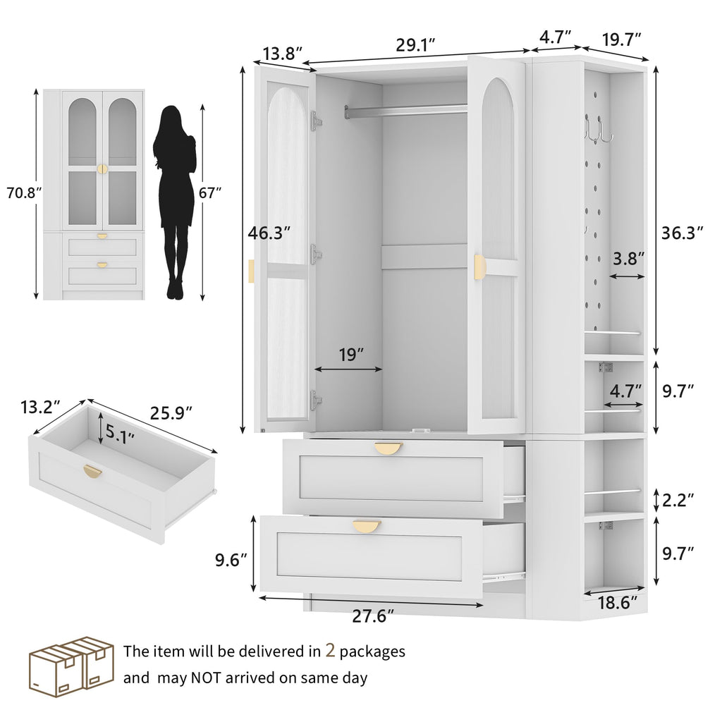 Armoire Wardrobe Closet with LED Lights & 2 Drawers, 71" Tall Clothing Storage Cabinet with Removable Hanging Rod, 4