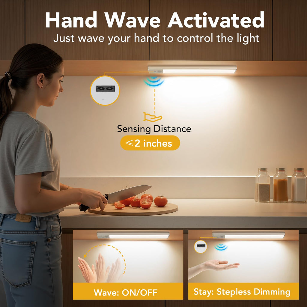 Rechargeable Under Cabinet Lights, 9 Inch Motion Sensor LED Light Bars with Hand Wave Control, 3 Color Temps &