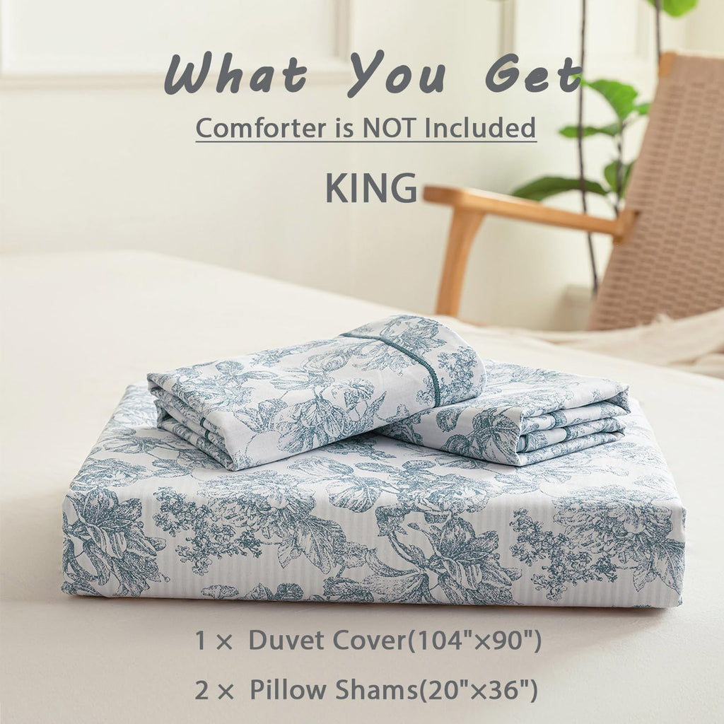 Vintage 100% Cotton Duvet Cover King 3PC - Elegant Pale Slate Blue Floral Pattern on White with Light Blue & White