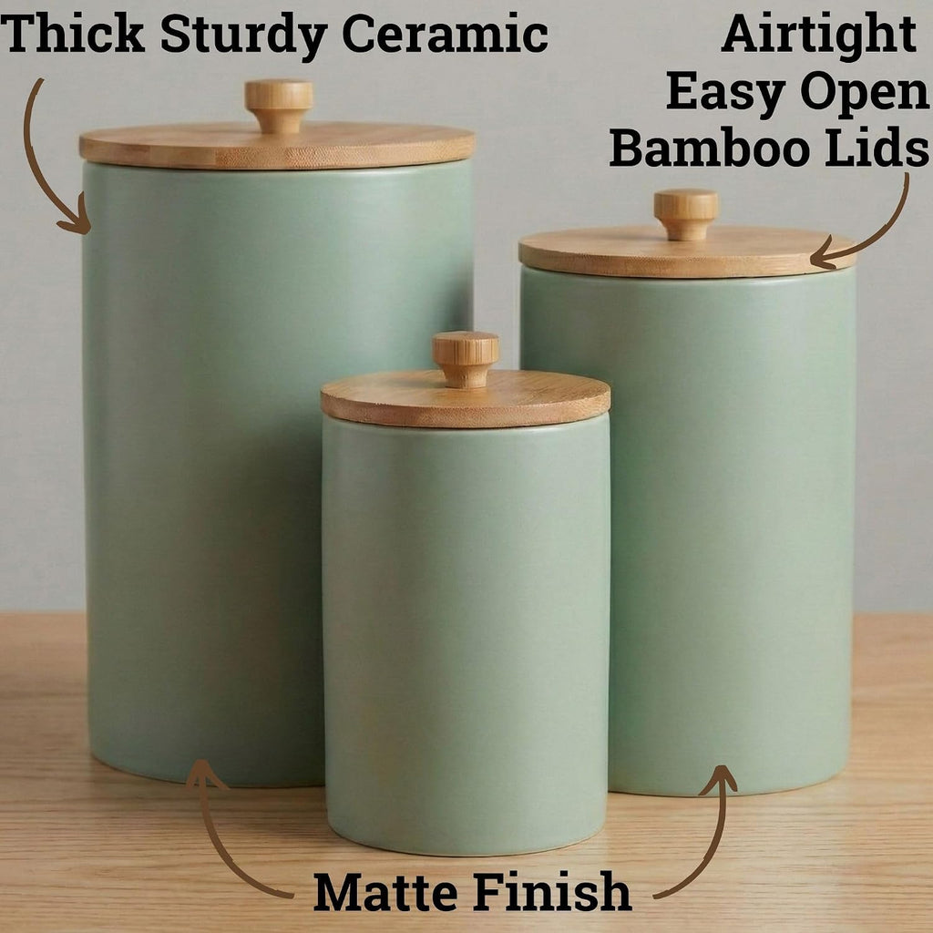 Ceramic Kitchen Canisters for Countertop w/ Airtight Bamboo Lids - Set of 3