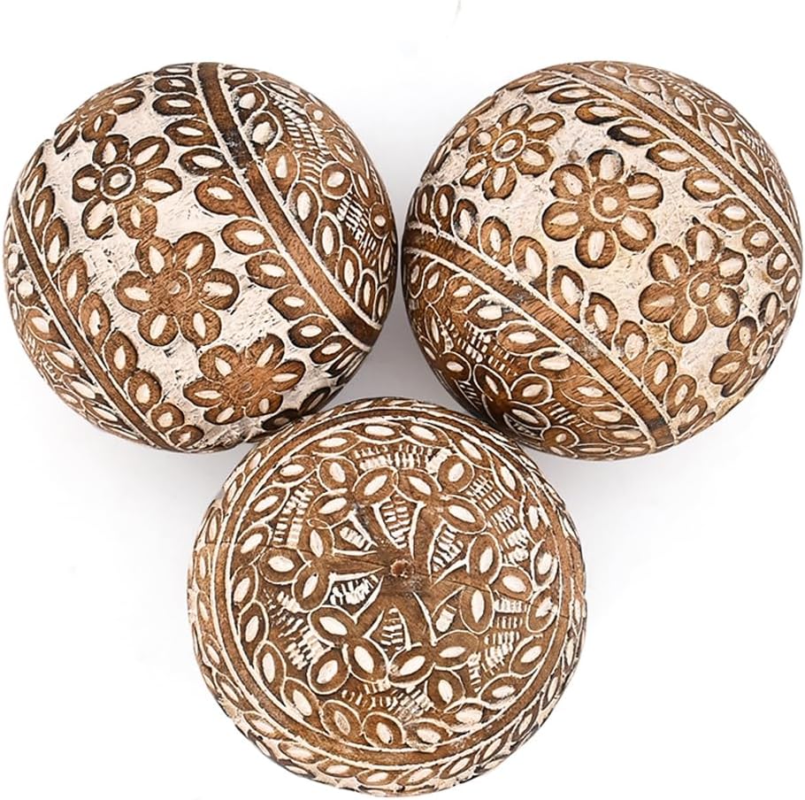 Decorative Balls Mango Wood Handmade Intricately Carved Ball with Floral Patterns (3" x 3"x 3") - Set of 3