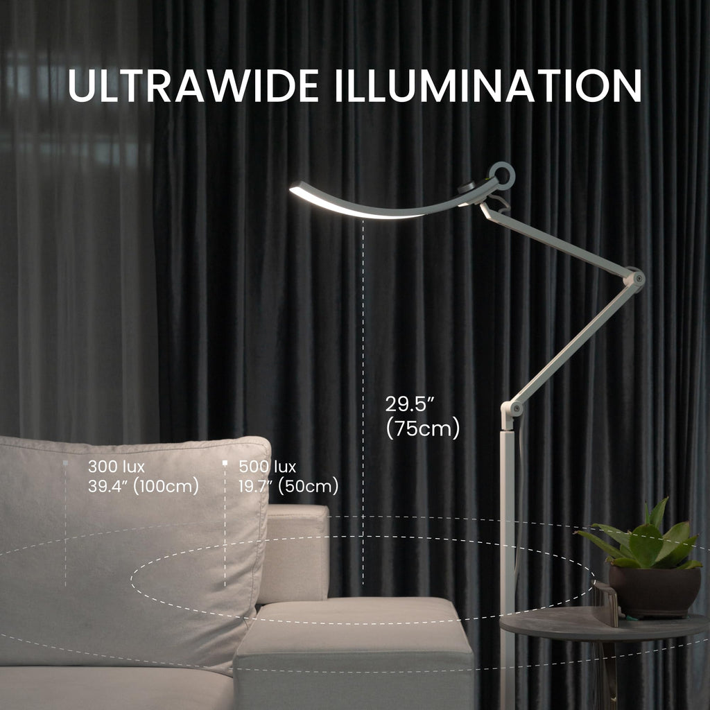 E-Reading Floor Lamp - Ultrawide and Bright Lighting, Dimmable with 13 Color Modes, Adjustable Arm, Auto-dimming