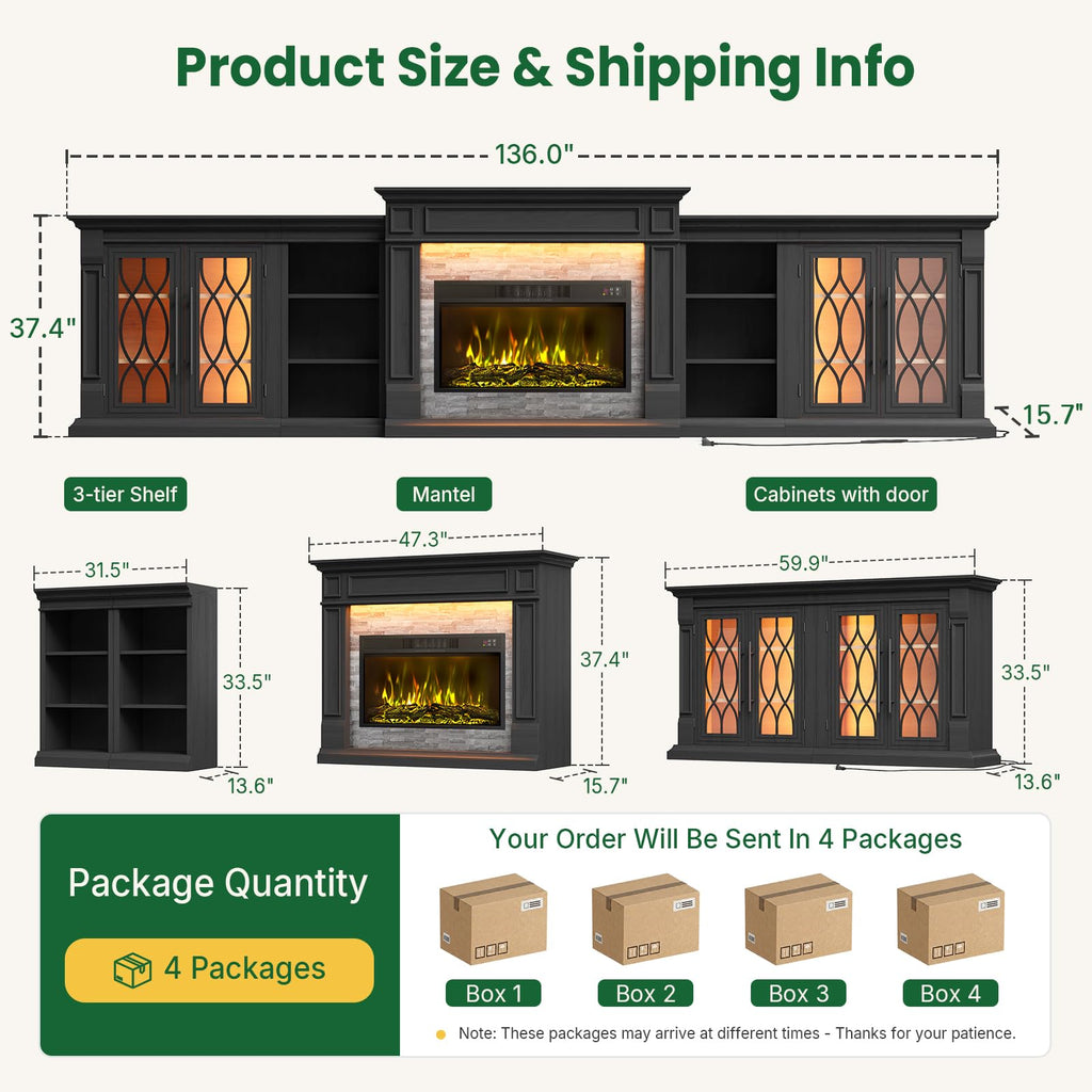 136" Fireplace TV Stand, 3-in-1 Modular: Mantel+ Bookcases+ Cabinets