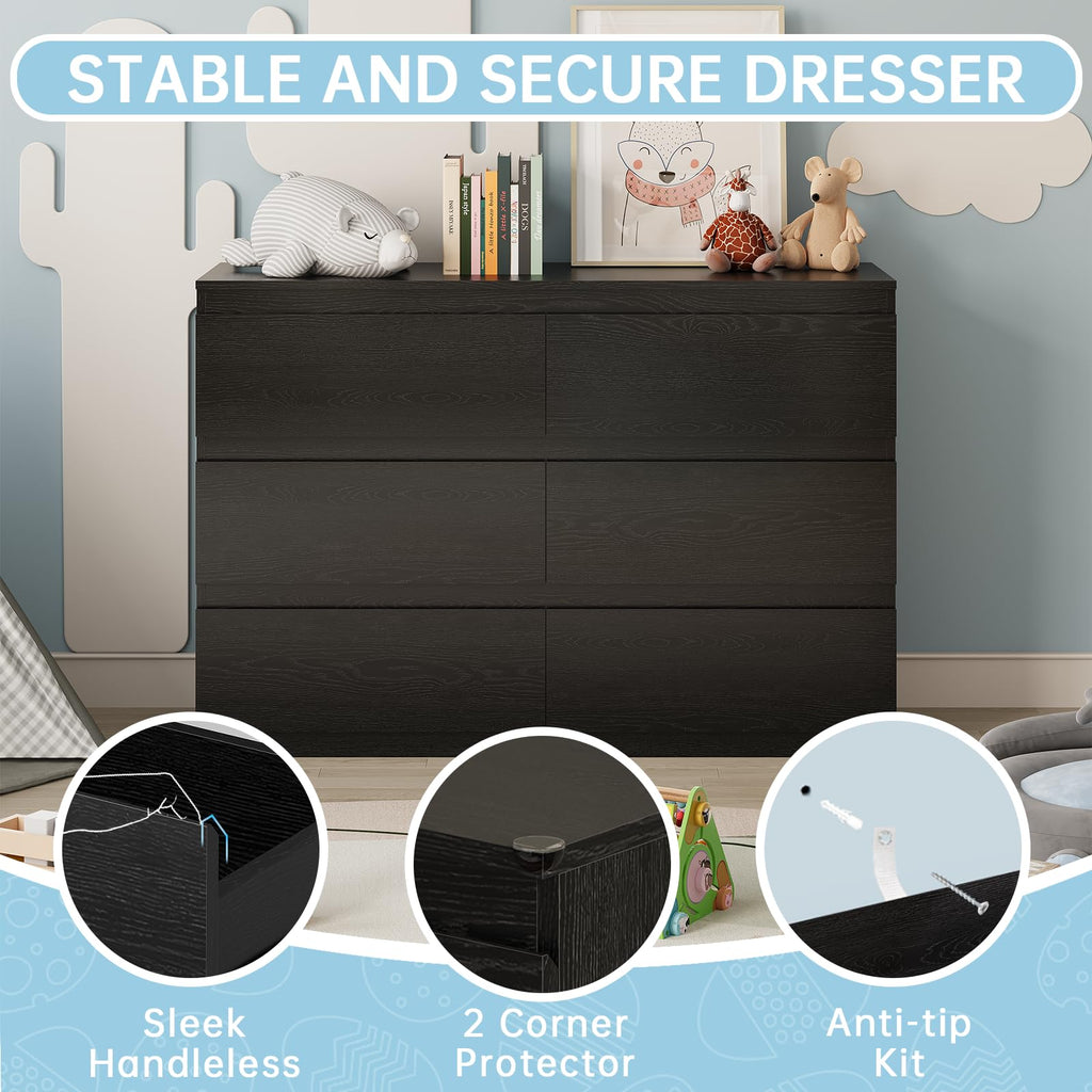 Black Wood Dresser 6 Drawer, 47" Wide Clothes Chest