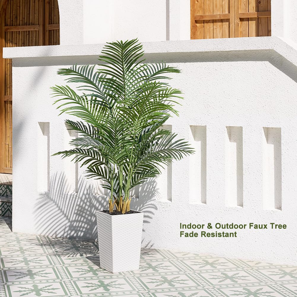 5FT Artificial Palm Tree - Tall Fake Tree with White Taper Planter & Pebbles, UV Resistant for Indoor & Outdoor Decor