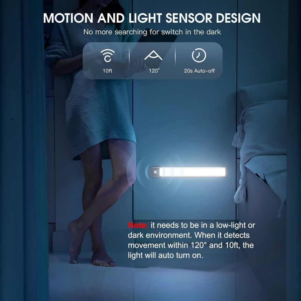 10inch Under Cabinet Lighting, 2 Pack Rechargeable Motion Sensor Light Indoor, 5 Levels Dimmable Magnetic Closet