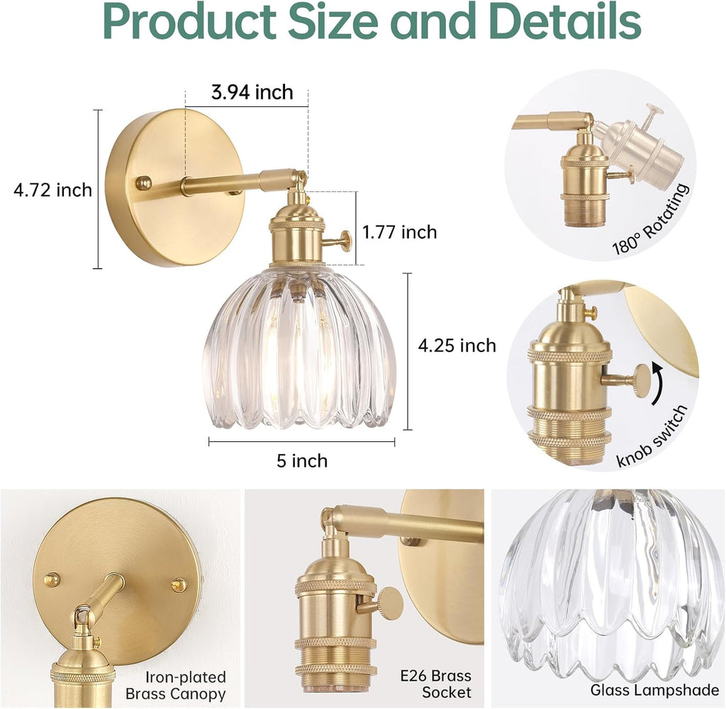 Vintage Wall Sconces Set of 2 with Transparent Tulip Glass Lampshade 180 Degree Adjustable Brass Sconces Hradwired