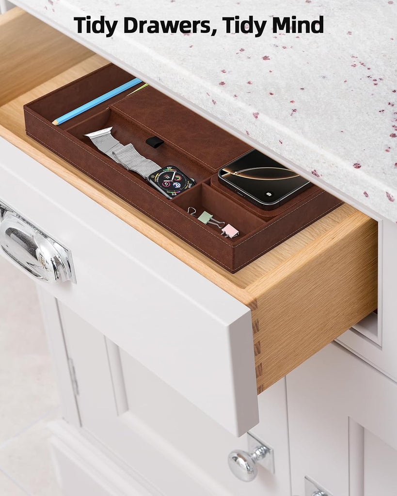 Leather Valet Tray with Wireless Charging Pad - Luxury EDC Nightstand Organizer for Men - Premium Desk Tray