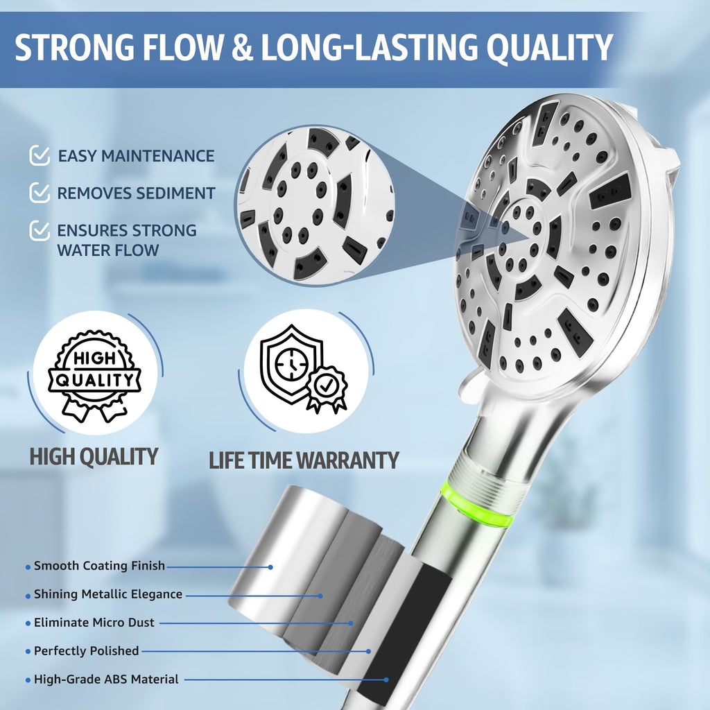 LED shower head with handheld 8-Stage Filtration, High Pressure & 9 Spray Settings-Color Changing Temperature