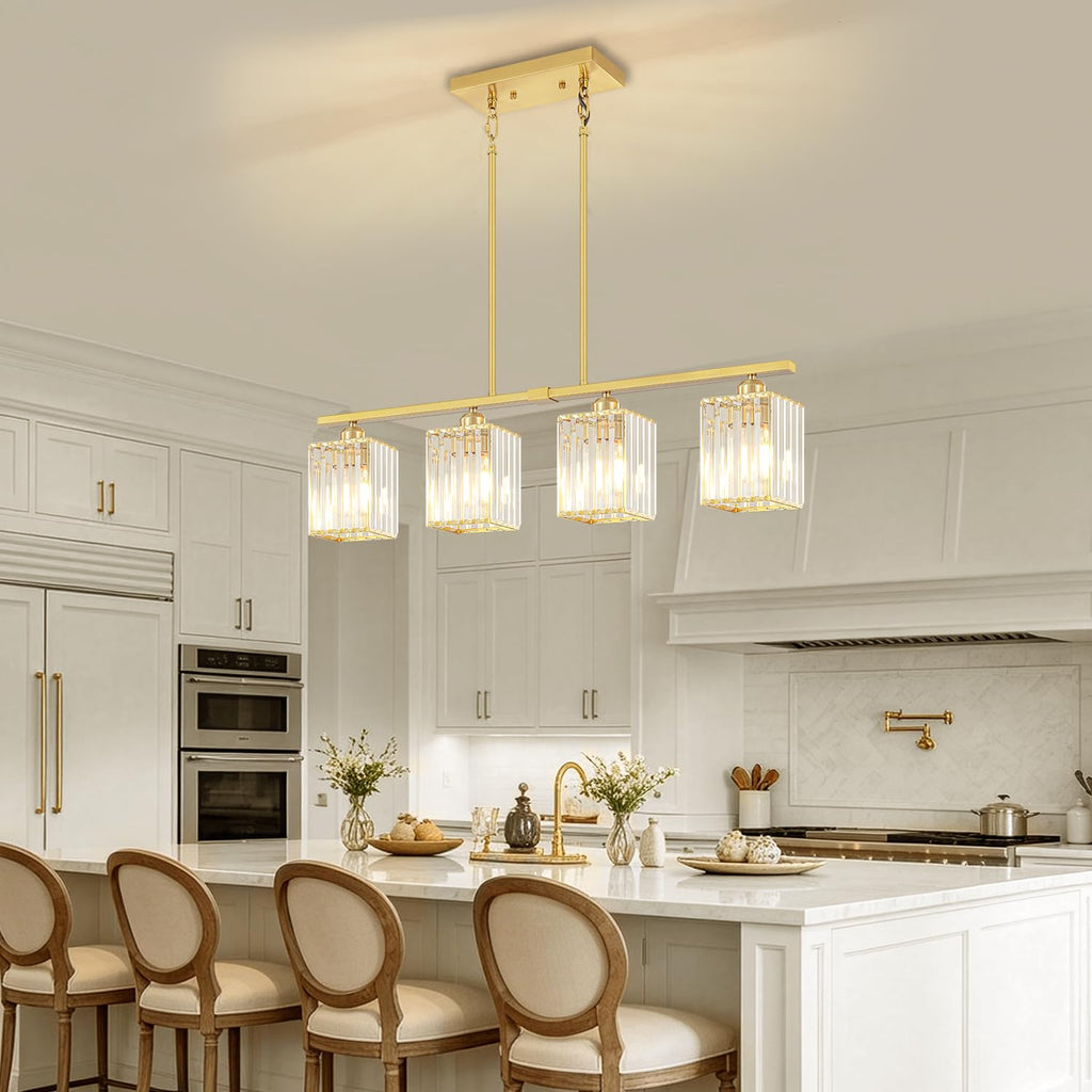 31.89" Brushed Gold Linear Chandelier Crystal Island Lights