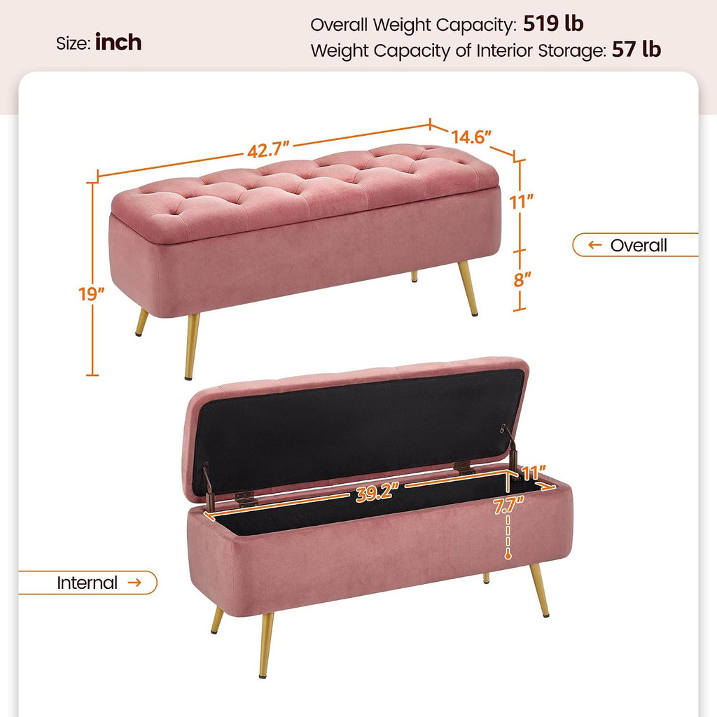 43in Ottoman Bench Velvet Storage End of Bed, Pink | Button-Tufted Ottoman Bench with Tapered Gold Metal Legs, 1.9C