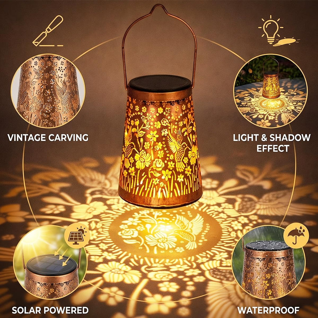 Hummingbird Solar Lanterns, Hanging Garden Lights, 4 Pack, Copper
