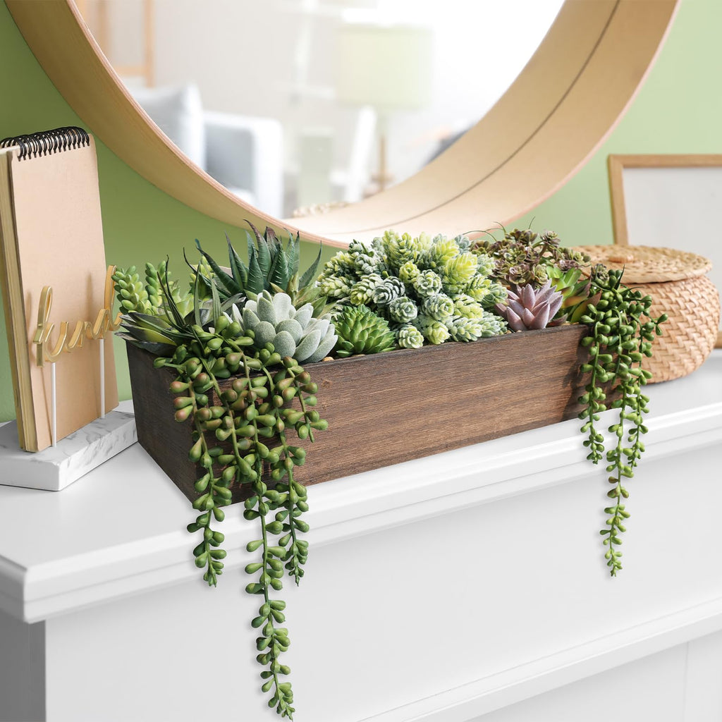 Artificial Succulent Arrangement 15" Assorted Succulents Plants in Brown Rectangular Wooden Box Faux Potted