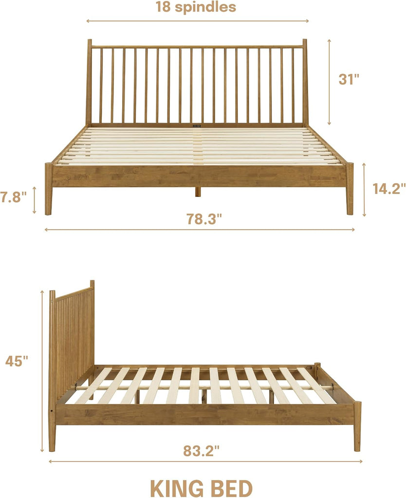 Inno Wooden Bed Frame with Headboard, Solid Oak and Rubber Wood Foundation with Silent Slats and Wood Central