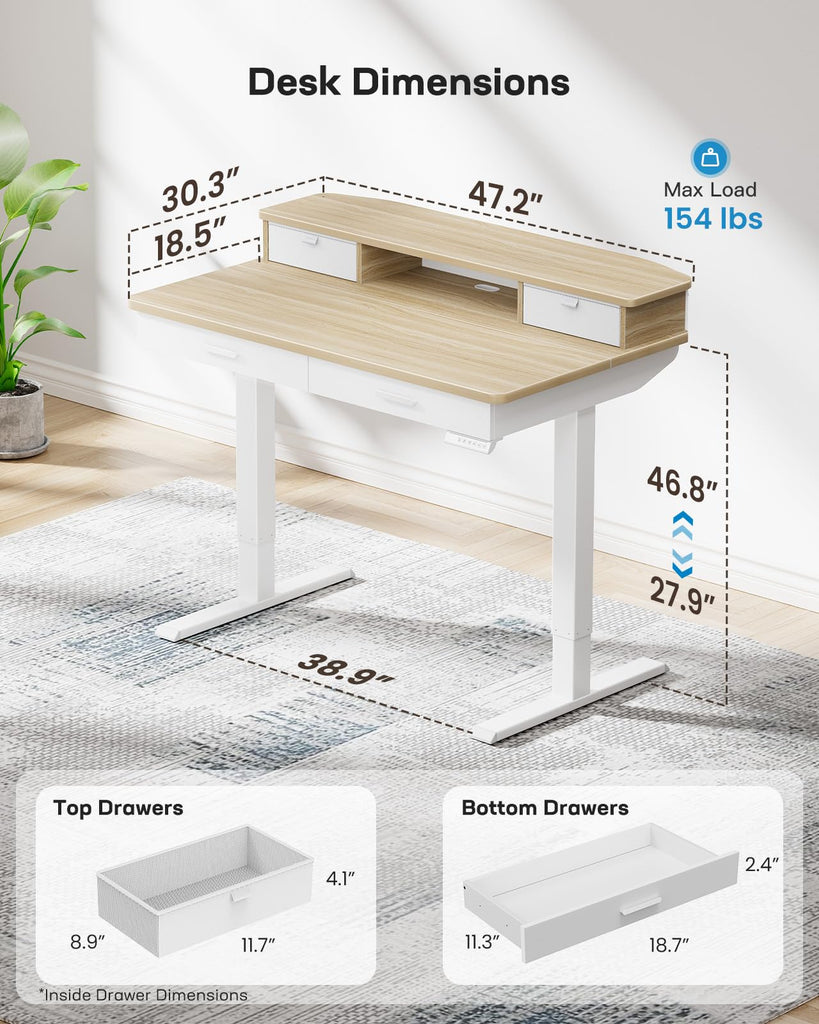 48 x 30 inch Electric Standing Desk with 4 Drawers, Natural