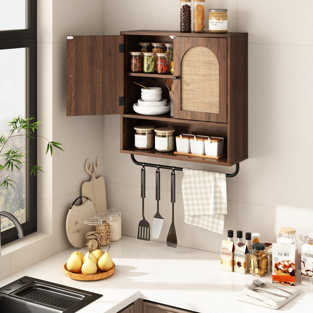 Rattan Bathroom Wall Cabinet, Boho Medicine Cabinet with 2 Doors