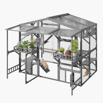 Large Outdoor Catio Cat Enclosure, Solid Wood, Grey