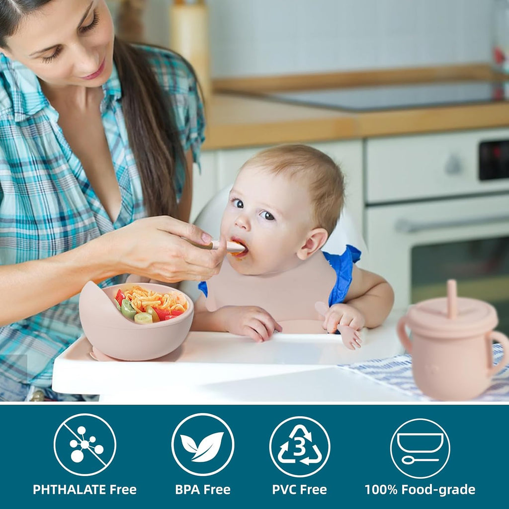 100% Silicone Baby Feeding Set,BPA Free Baby Dishes Set with Suction Bowl Divided Plate,Toddler Self Feeding Dish Set
