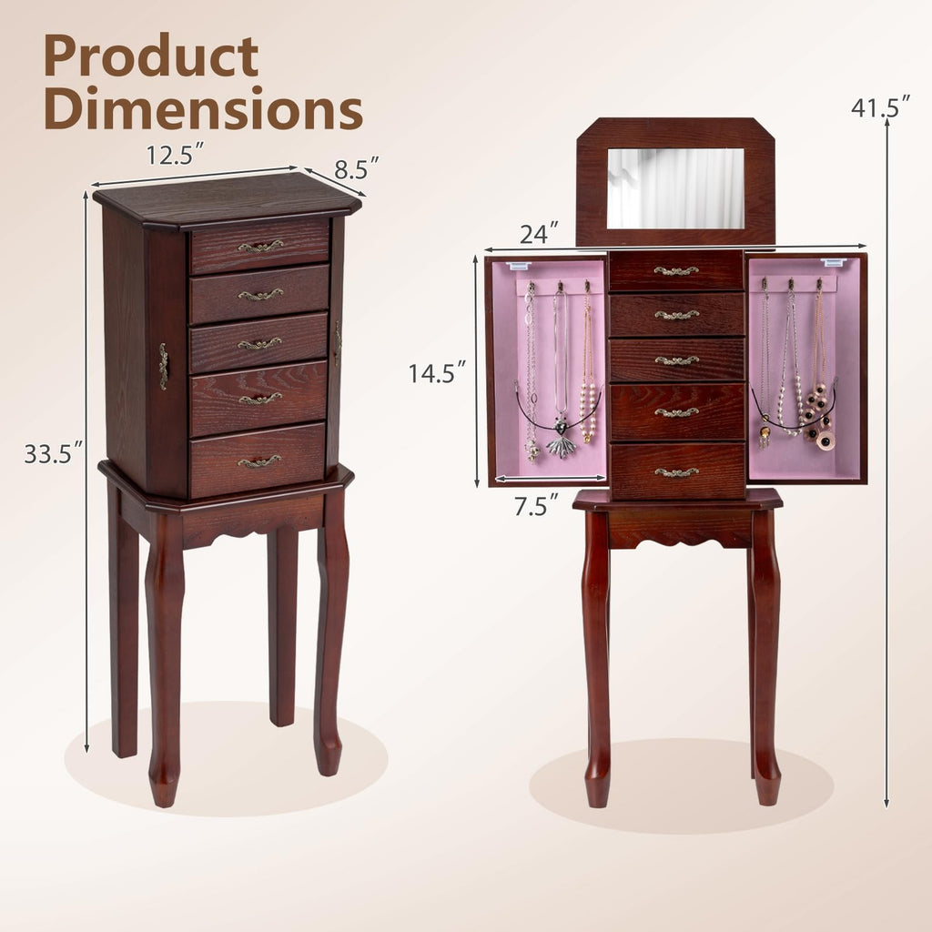 Standing Jewelry Cabinet with 4 Drawers, Flip Top Mirror, Walnut