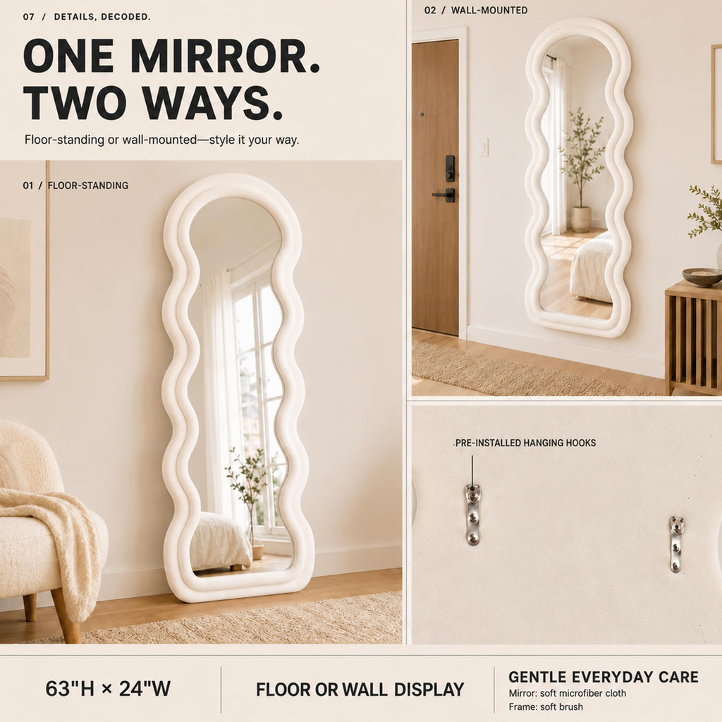 63"x24" Full Length Floor Mirror, Irregular Wavy Wave Arched Design, Wall Mounted or Leaning Standing, Flannel