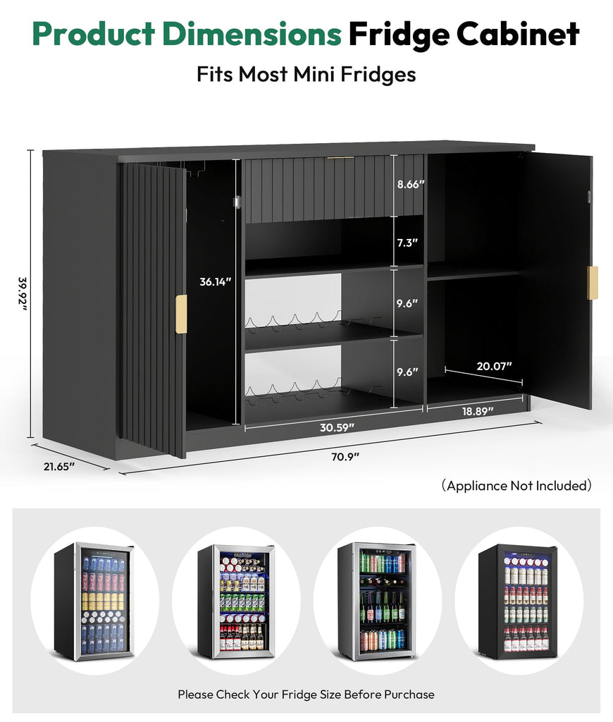71" Coffee Bar Cabinet with 2 Fridge Space, Wine Racks & Holder