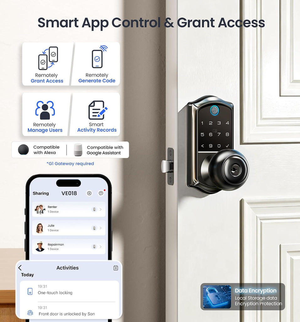 Fingerprint Keypad Smart Door Knob Handle Lock, Matte Black