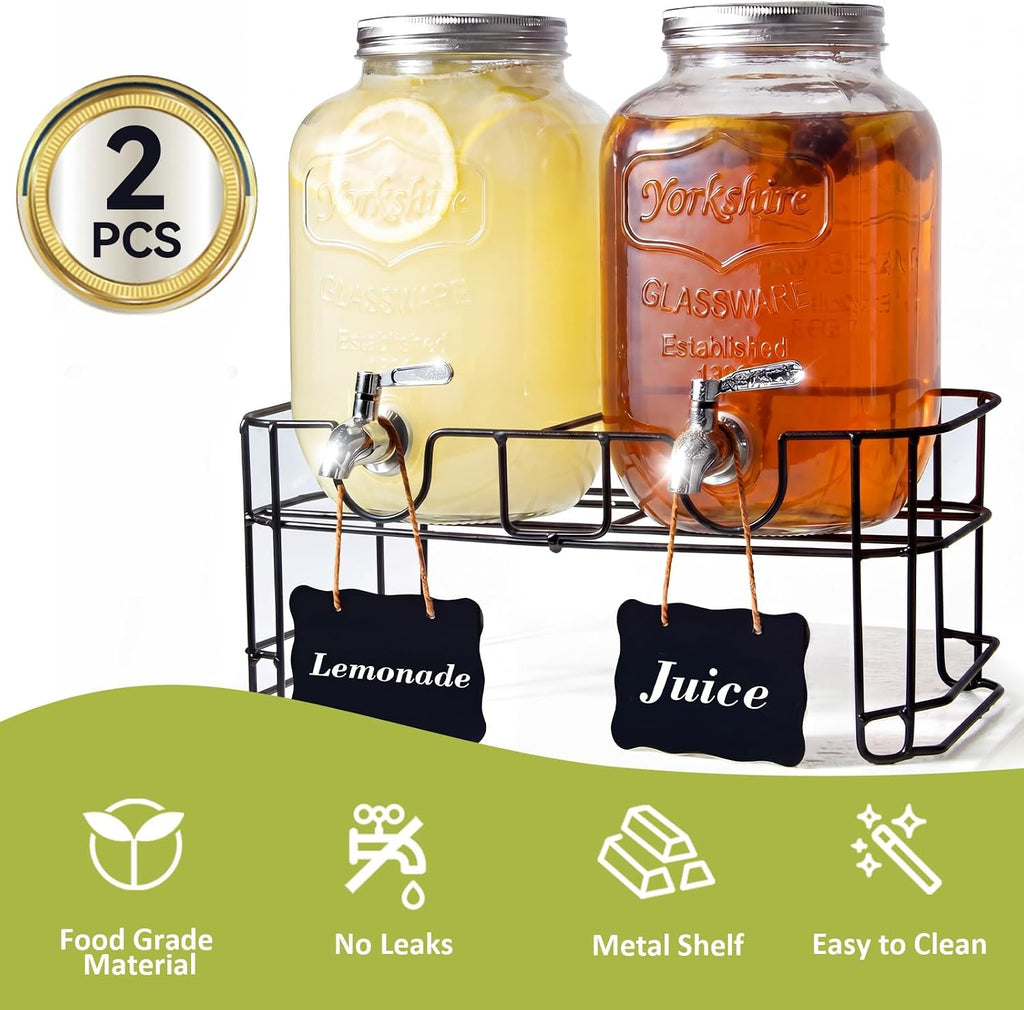 2-Pack 1-Gallon with Heavy-Duty Wire Stand - 304 Stainless Steel Spigot & Mixing Spoon - 100% Leakproof Mason Jar - Set of 2