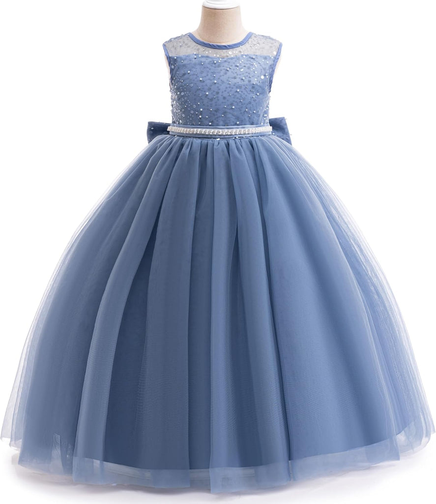 Sequin Tulle Dress Formal Pageant Sparkly Birthday Party Wedding Guest Ball Gown Dresses with Bow
