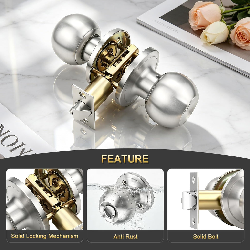 2 Pack Entry Door Knob with Lock, Keyed Different Door Lock for Exterior Door and Front Door, Standard Ball, Satin