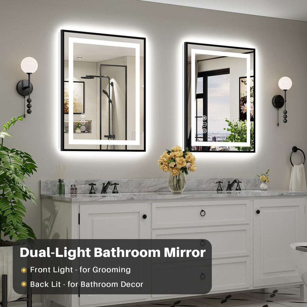 28X36 Inch LED Bathroom Mirror with Black Frame, Backlit & Front Lit