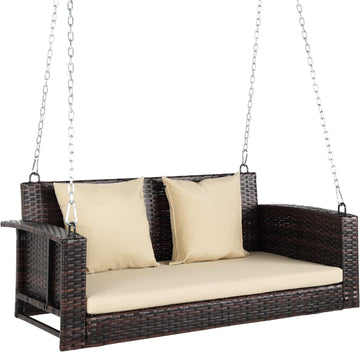 4FT Rattan Swing Bench, Wicker Hanging Porch Swing (Brown+Beige) | 2 Person Patio Bench Swings, Heavy Duty 800 LBS