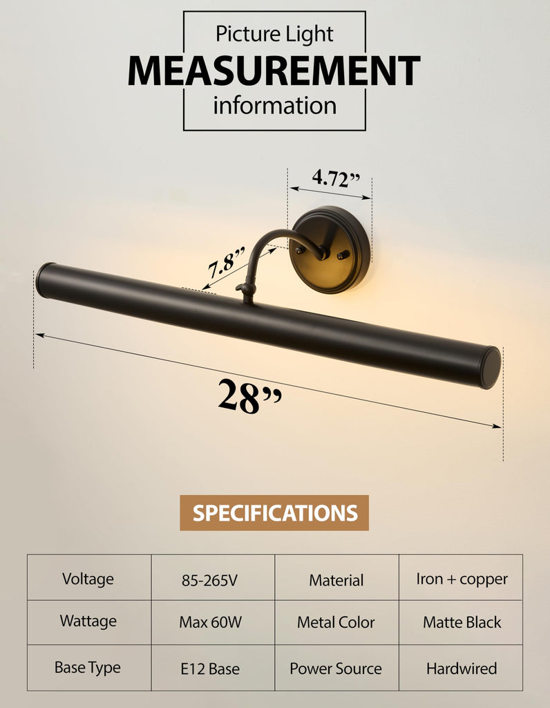 Hardwired Picture Lights,28 Inch Black Vintage Art Light,E12 Base, 330° Adjustable Rotatable,4‐Light Gallery Lighting