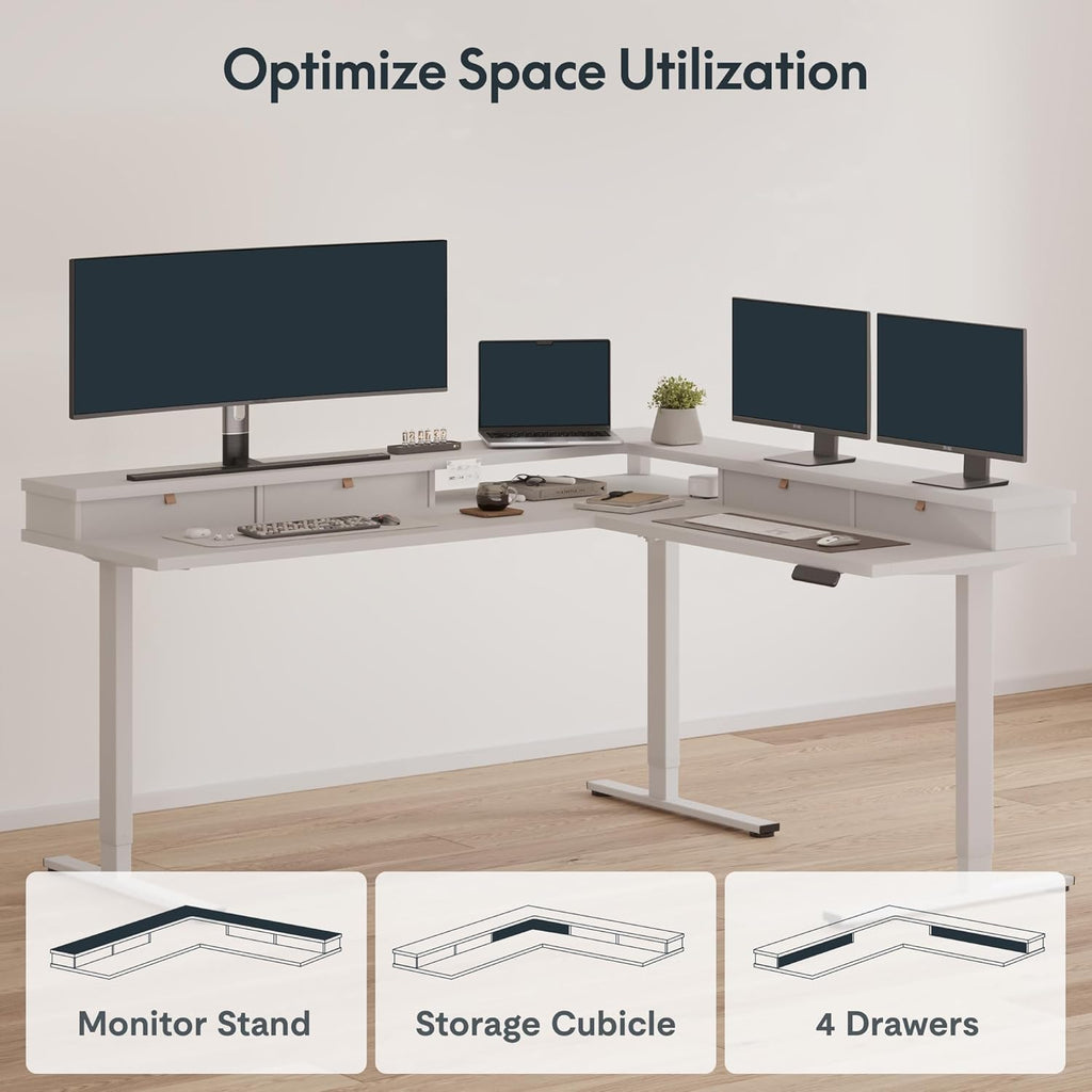 71x63 Electric L-Shaped Corner Standing Desk with 4 Drawers | Reversible L-Shape Desk, 28.3"-45.9" Height, 4 Presets