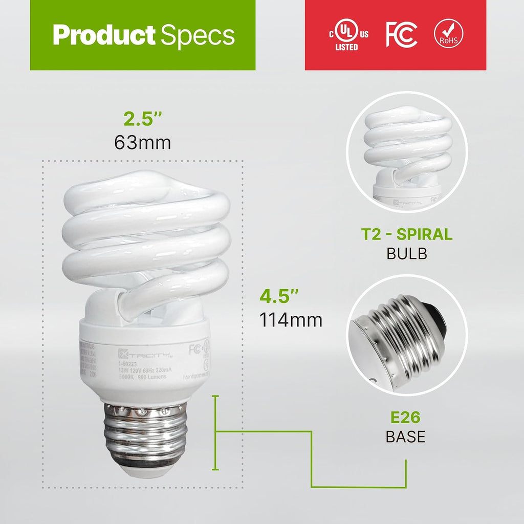 Compact Fluorescent Light Bulbs T2 Spiral, E26 Base, 23W (100W Equivalent), 5000k Daylight, 1520 Lumens, CFL, 120V