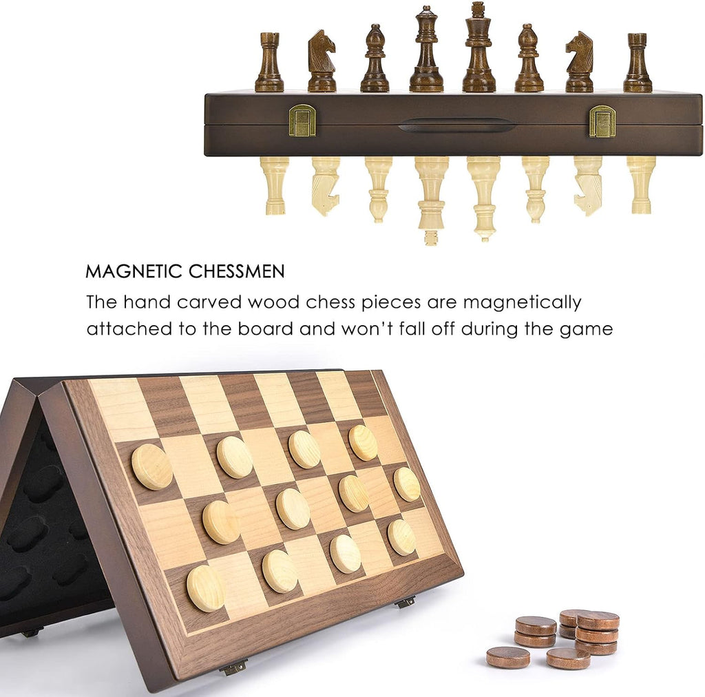 Magnetic Wooden Chess and Checkers Game Set, 15 Inches (2 in 1) Chess Board Games, 2 Extra Queens - Gift Package