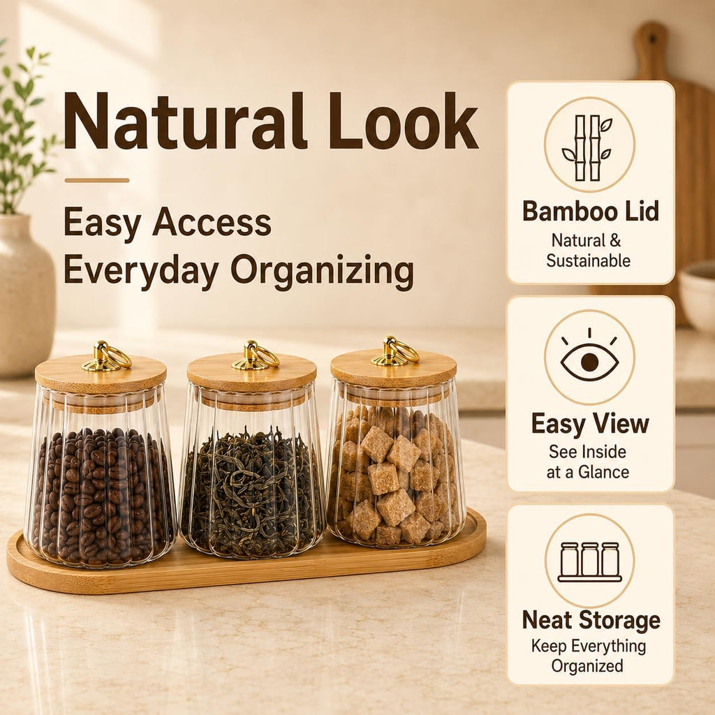 Coffee Tea Sugar Canister Set,22 oz / 650 ml Airtight Glass Storage Jars with Wooden Lids & Tray, Ribbed Clear - Set of 3