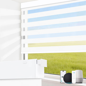 No Drill Motorized Blinds with Remote, 75% Blackout Automatic Smart Zebra Shades Blind, Dual Layer Smart Automatic
