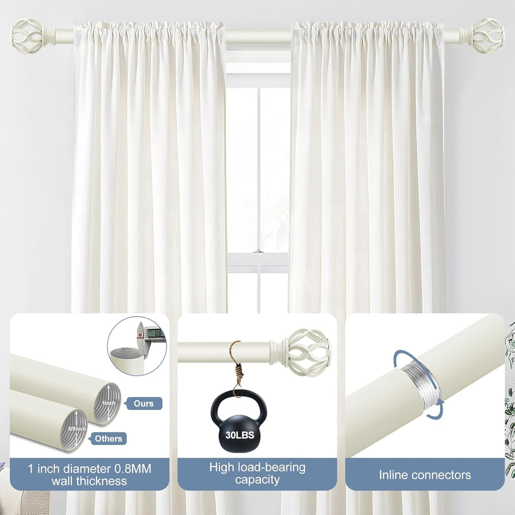 White Decorative Farmhouse Curtain Rod:18-45"Adjustable Heavy Duty Single Window Curtain Rod for Bedroom Living Room