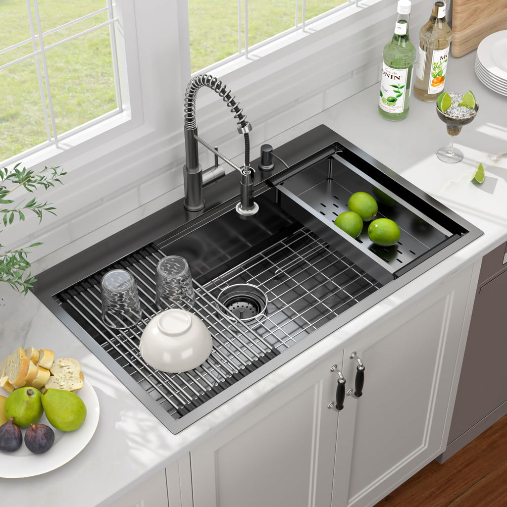 36 Inch All-In One Black Kitchen Sink with Pull-Out Faucet Workstation Drop In Large Single Bowl 304 Stainless Steel