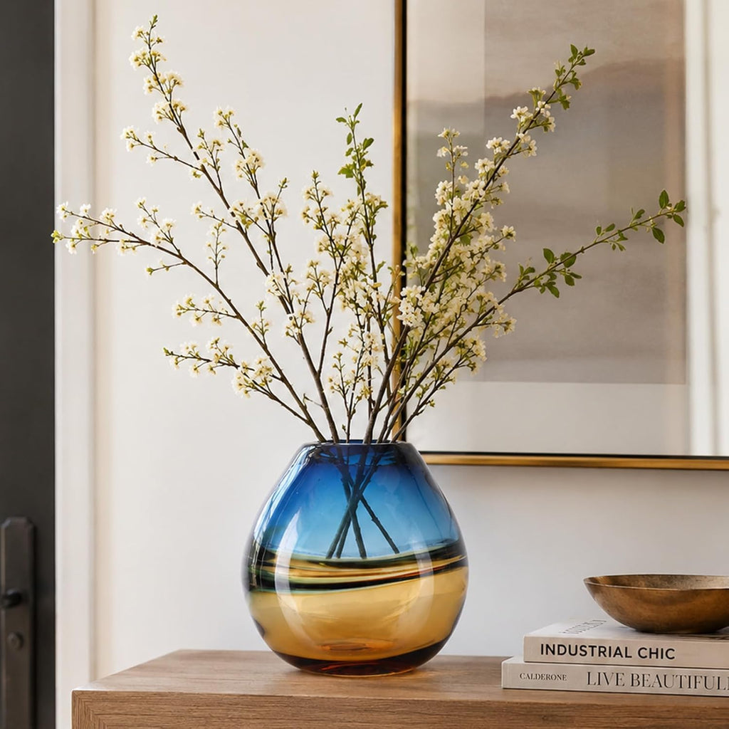 Hand Blown Glass Flower Vase, Murano Style Art Glass Vase Table Centerpiece