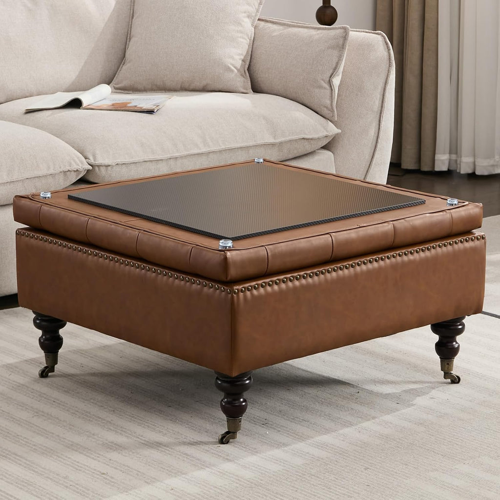 Large Square Storage Ottoman Uphlostered PU Button Coffee Table, Brown | Oversized Footrest Bench With Castered