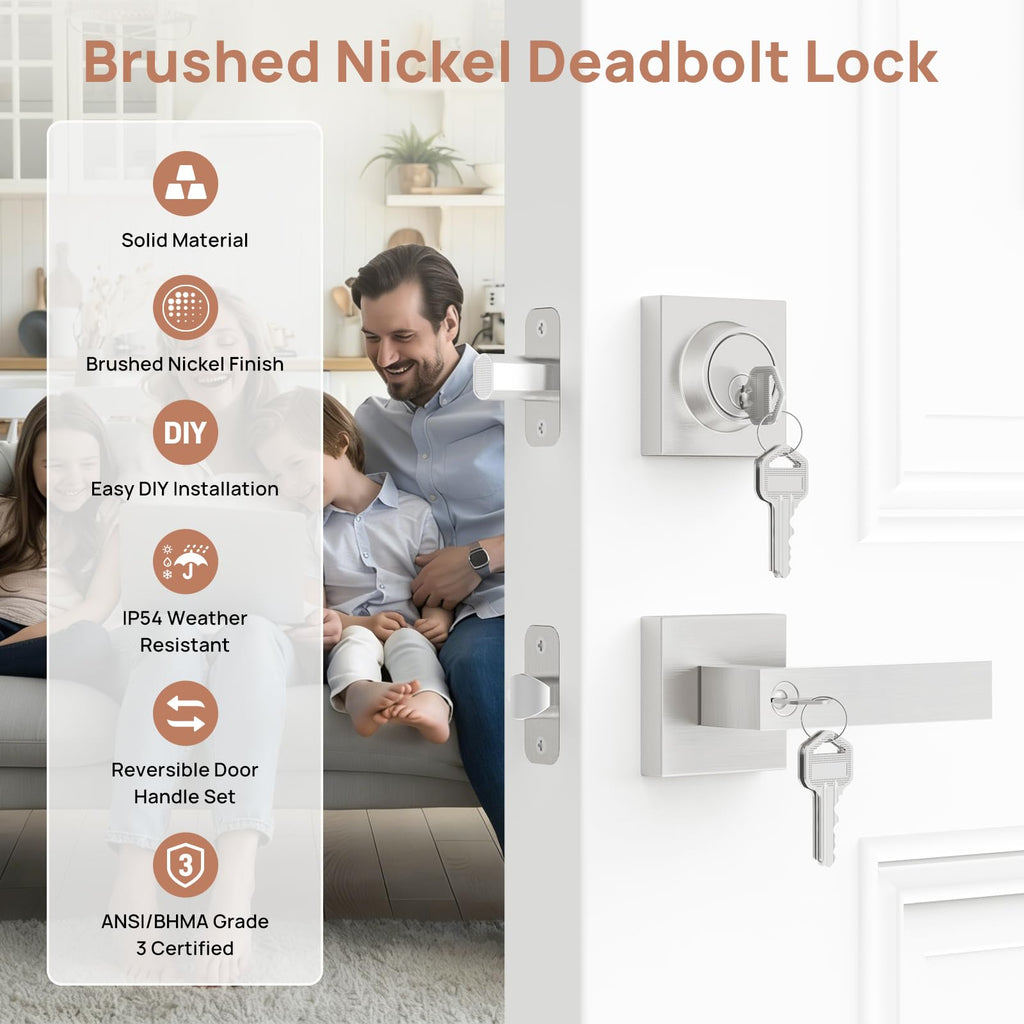 Exterior Door Lock Set with Deadbolt, Door Locks for Front Door with Single Cylinder Deadbolt Lock, Brushed Nickel
