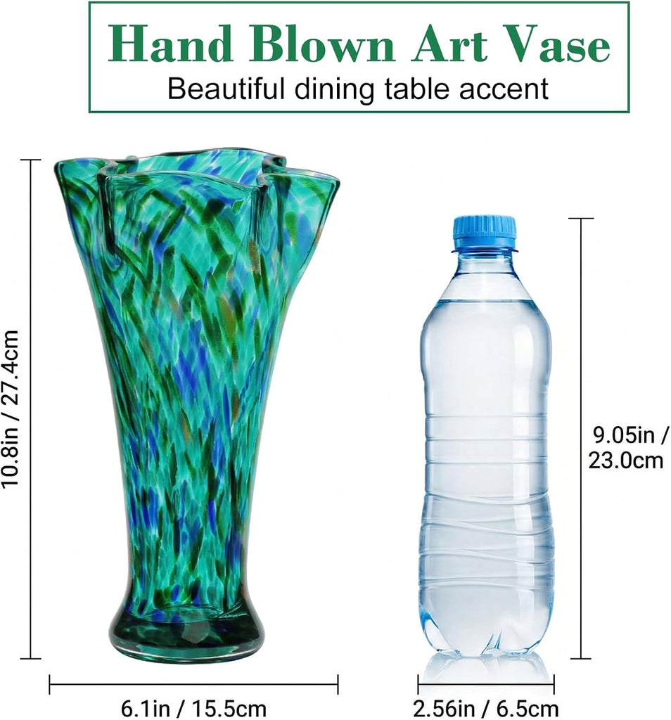 Teal Green Glass Vase for Flowers,10.8inch Hand Blown Vase