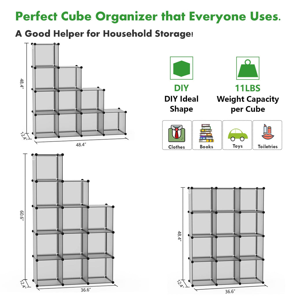 Cube Storage Organizer, 12-Cube Shelf Units, Closet Cabinet Grey